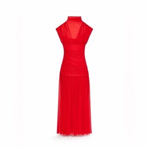 ZARA Red Sheer Mesh Ruched Midi Dress M TikTok Viral Elegant Bodycon Occasion